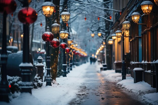 Foto noite cidade inverno rua coberta de neve decorada com guirlandas luminosas e lanternas para o natal