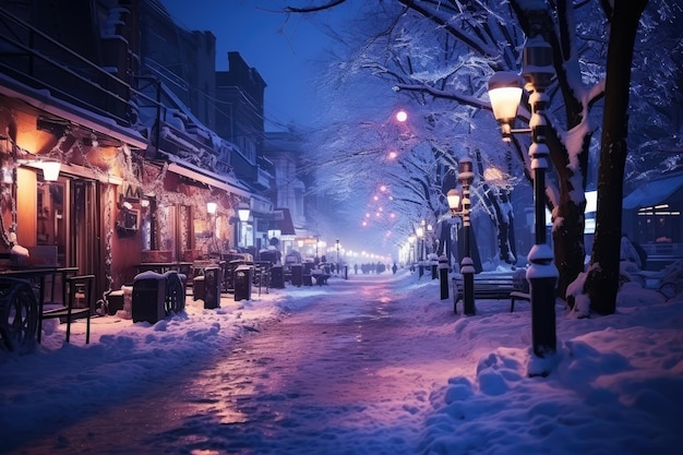 Noite cidade inverno rua coberta de neve decorada com guirlandas luminosas e lanternas para o Natal