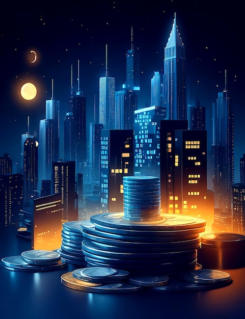 Noite da cidade do conceito de investimento financeiro e pilha de moedas para finanças Ilustração aiGenerated