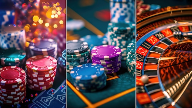 Noite de casino vibrante com fichas de póquer, dados e detalhes da roda da roleta.