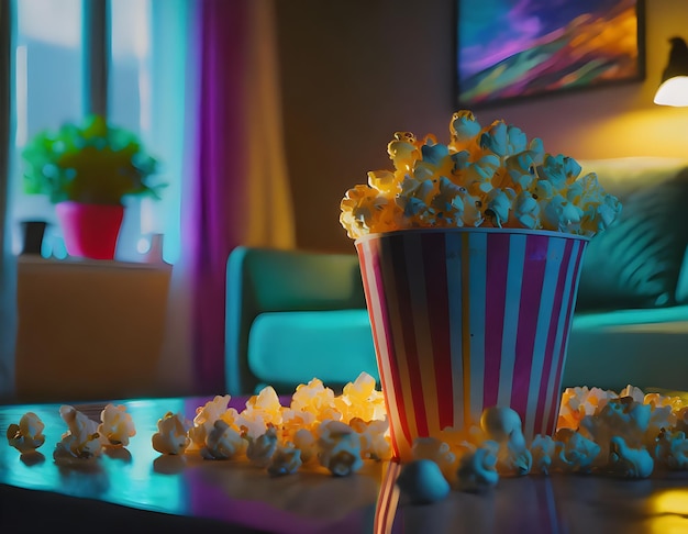 Foto noite de cinema em casa com pipocas.