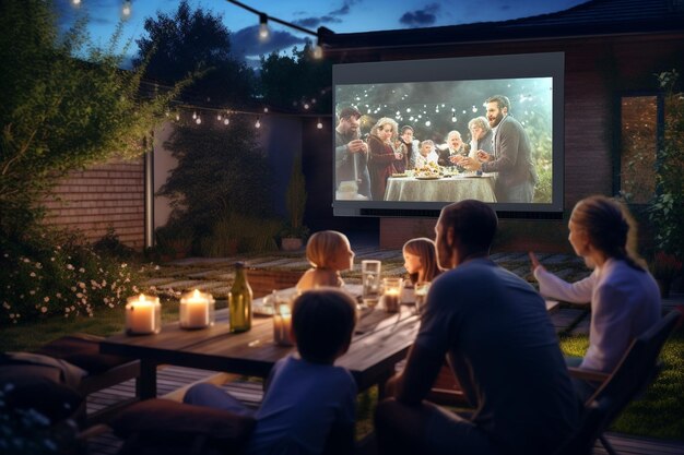 Noite de filme em família com o pai projetando uma IA generativa