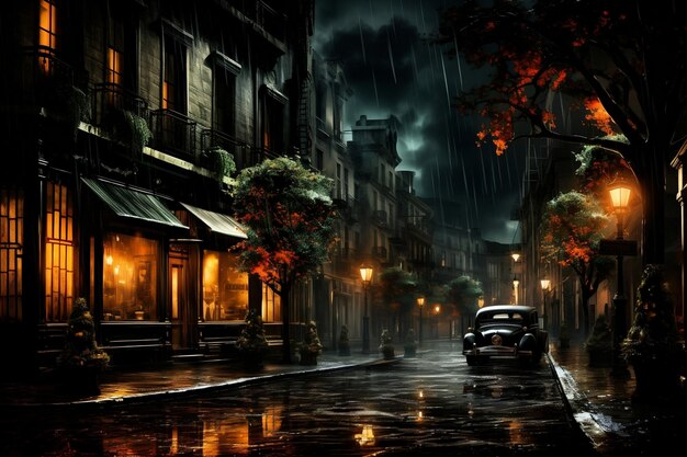 Noite de filme noir de rua da cidade na chuva Generative Ai