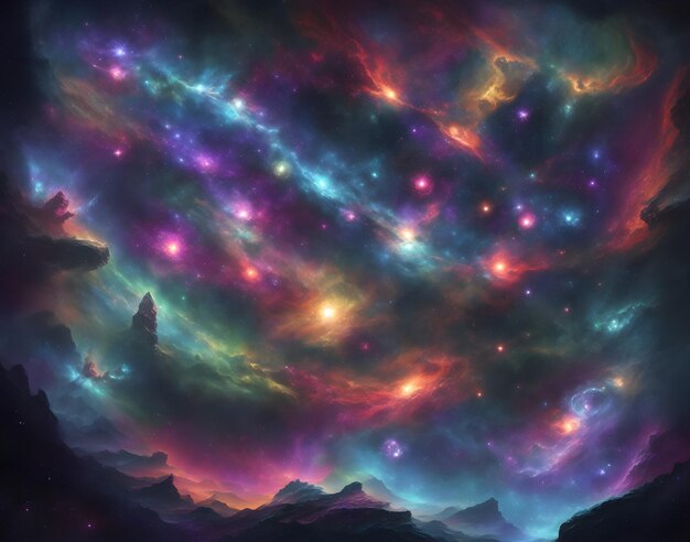 Noite de galáxia cósmica multicolor com estrelas e nuvens no fundo do espaço