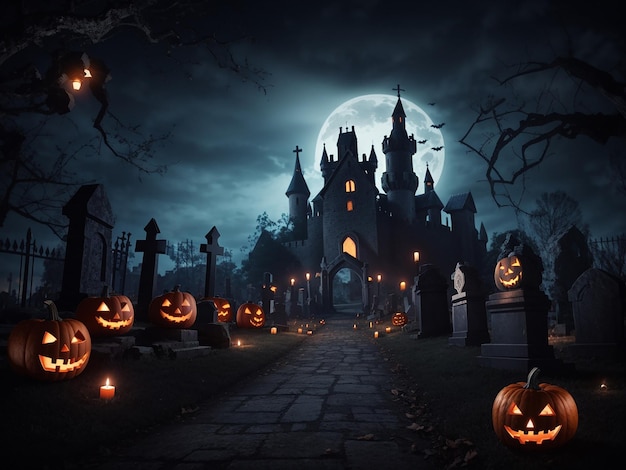 Noite de Halloween abóboras assustadoras velas e castelo do cemitério