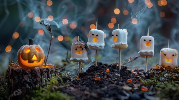 Foto noite de halloween com fantasmas de marshmallow e abóbora brilhante