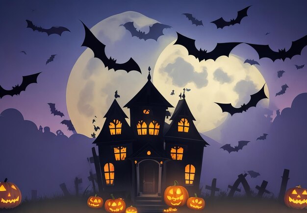 Noite de Halloween com uma casa assustadora e morcegos de fundo de Halloween