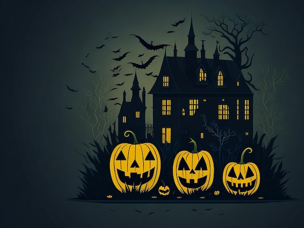 Noite de Halloween de design plano com abóboras na frente de uma casa assustadora