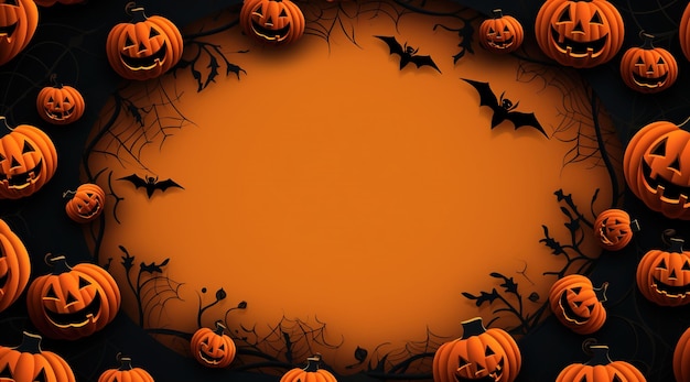Noite de Halloween, uma ilustração assustadora da lua dos morcegos JackoLanterns em laranja escuro e preto