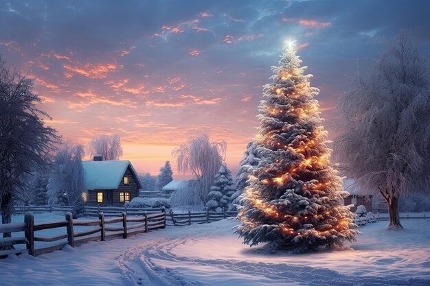 Foto noite de inverno encantada praça da cidade coberta de neve com árvore de natal brilhante por ai generativa