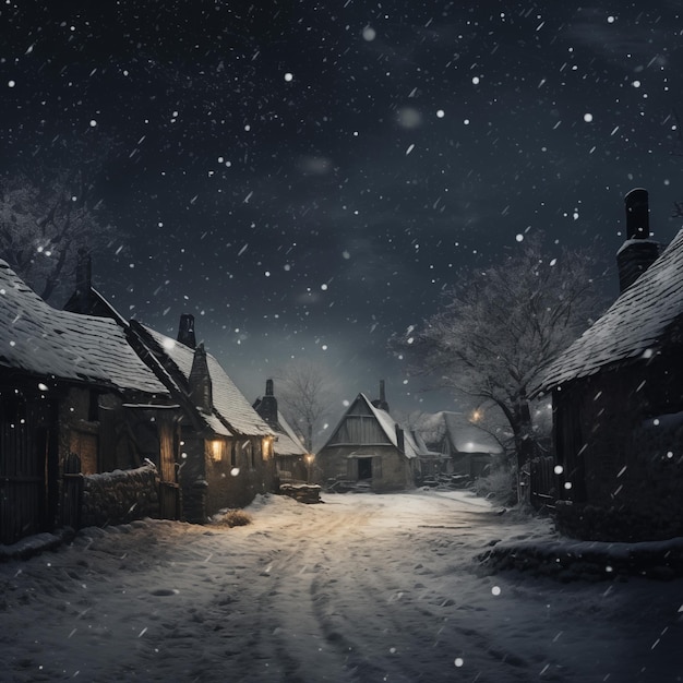 Noite de Inverno na aldeia Queda de neve Paisagem de conto de fadas