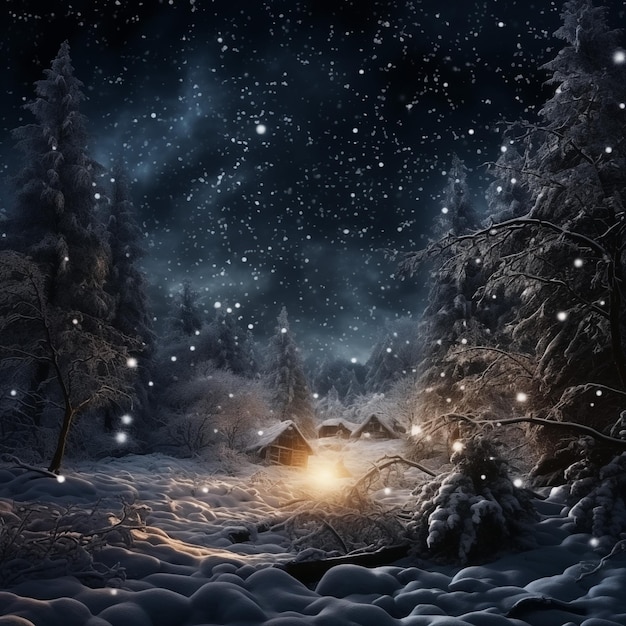 Foto noite de inverno na aldeia queda de neve paisagem de conto de fadas