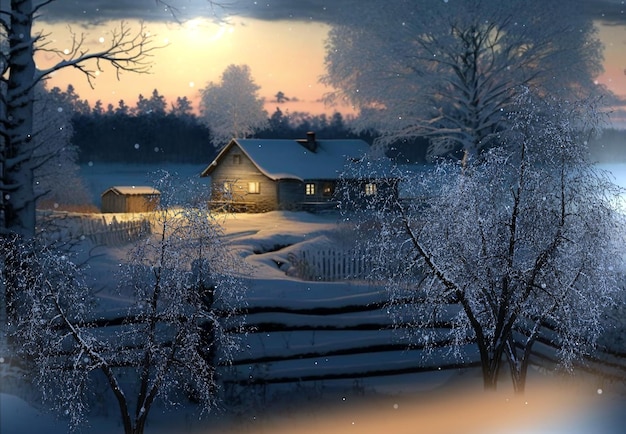 noite de inverno na cabana de madeira rural, árvores de queda de neve cobertas por neve, paisagem natural