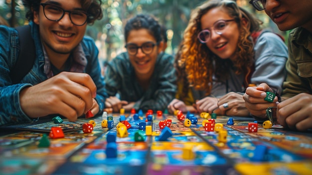 Foto noite de jogos em família com jogos de tabuleiro espalhados em fundo