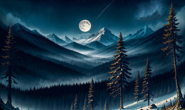 Noite de lua cheia no fundo da paisagem das colinas da floresta Alta qualidade generativa AI pós-processada