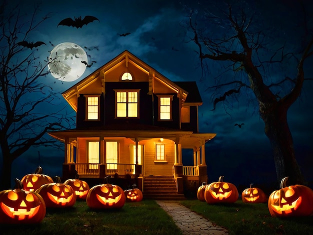 Noite de lua de Halloween com abóboras e morcegos voando ao fundo