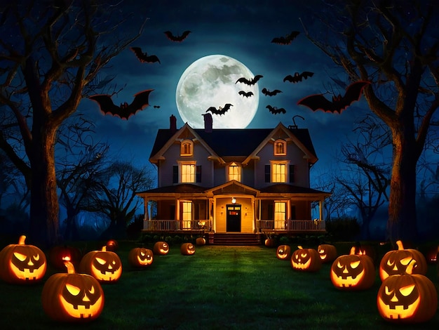 Noite de lua de Halloween com abóboras e morcegos voando ao fundo