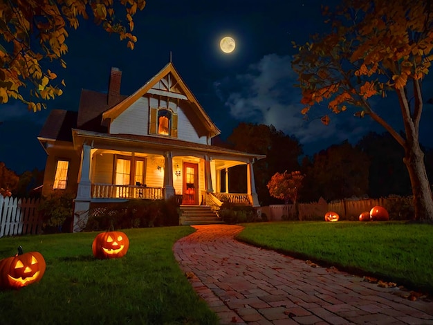 Noite de lua de Halloween com abóboras e morcegos voando ao fundo