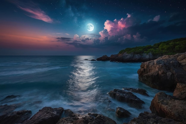 Noite de lua no mar com um céu colorido e uma paisagem natural serena