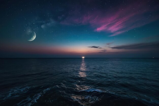 Noite de lua no mar com um céu colorido e uma paisagem natural serena