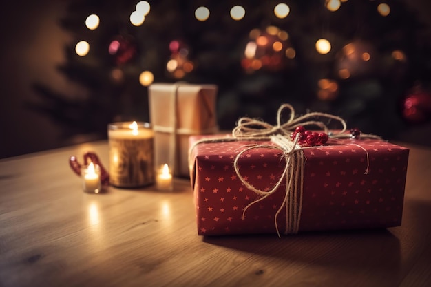 Noite de Natal embalada caixas de presentes surpresa perto da árvore de Natal decorada com luzes dentro de casa IA generativa