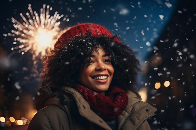 Noite de Natal mágica com neve e fogos de artifício feitos com tecnologia de IA generativa