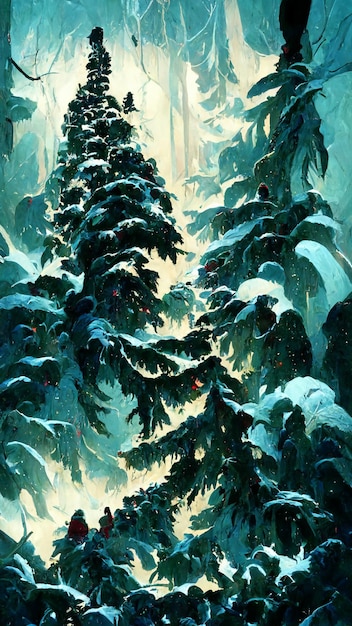 Noite de natal na ilustração 3D da floresta de árvores de natal
