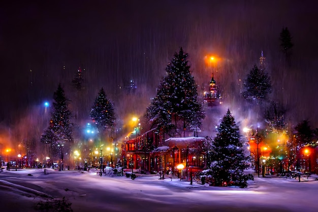 Noite de natal nevada em rede neural abstrata de pequena cidade americana gerada arte ai