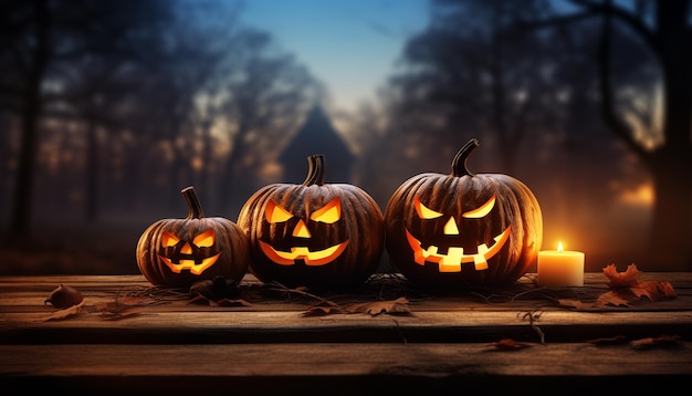 Noite de outono assustadora lanterna de abóbora brilhante celebração de Halloween maligna gerada pela IA