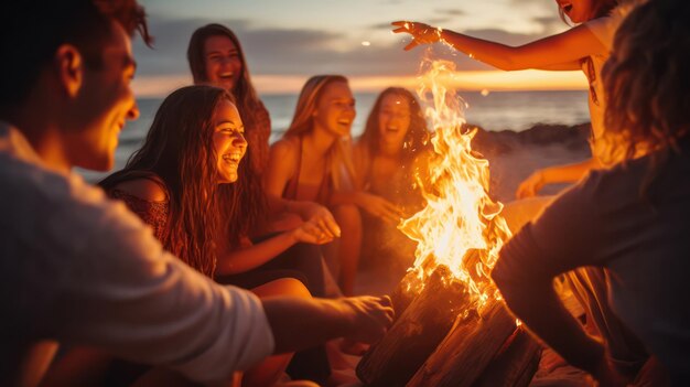 Noite de verão com fogueira na praia