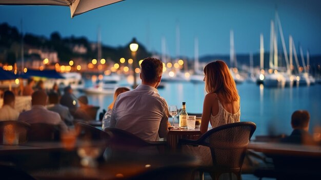 noite de verão no porto de iate mar turvo e reflexão da luz da cidade silhueta de pessoas relaxar