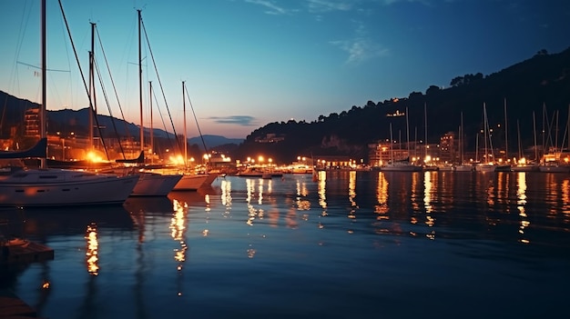 noite de verão no porto de iate mar turvo e reflexão da luz da cidade silhueta de pessoas relaxar