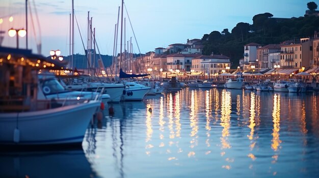 noite de verão no porto de iate mar turvo e reflexão da luz da cidade silhueta de pessoas relaxar