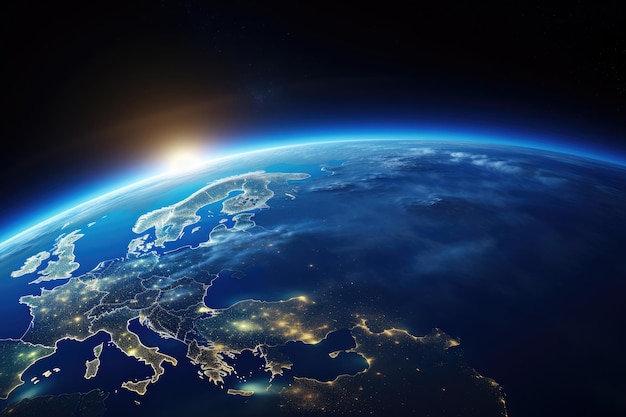 Noite do Planeta Terra globo da visão espacial com luz da cidade de cada país em terra e luz solar