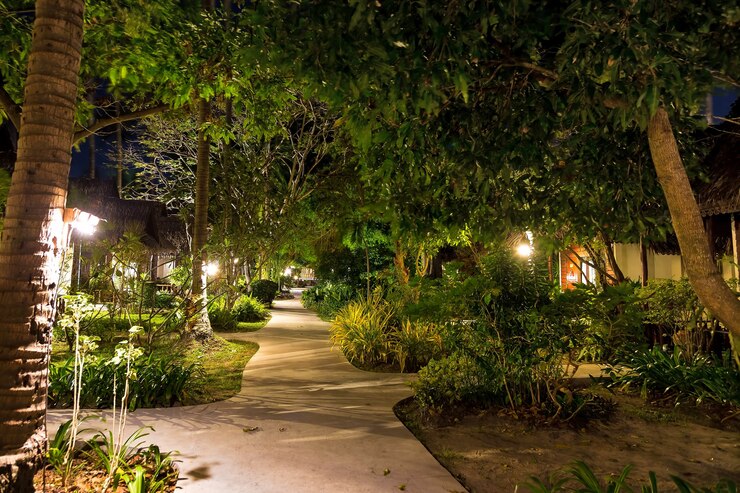 Noite e trilha vazia pela aldeia na floresta da selva Muitas casas de madeira verdes