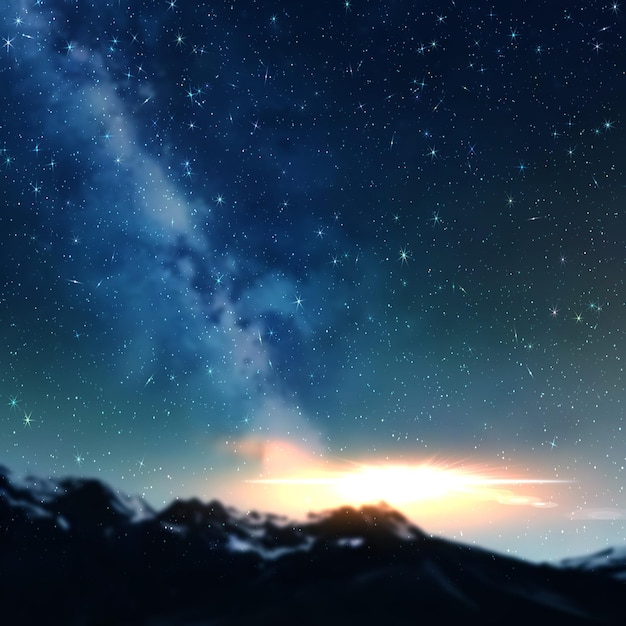 noite estrelada, céu azul e feixe de luz do sol, nebulosa, via láctea, paisagem natural