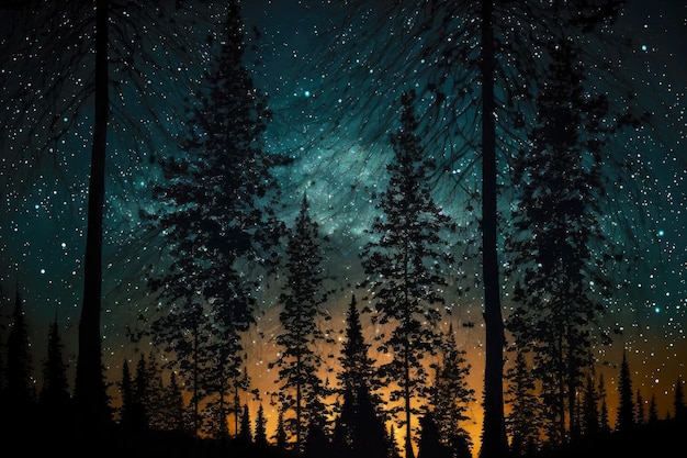 Noite estrelada na floresta através de galhos de abetos esparsos contra o céu