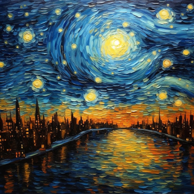 Noite estrelada sobre a cidade pintura do artista mark vandervelig generative ai