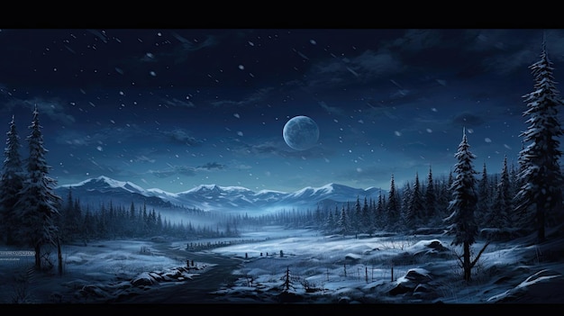 Noite fria e gelada de inverno, onde a lua cheia lança seu brilho prateado sobre o mundo Gerado por IA