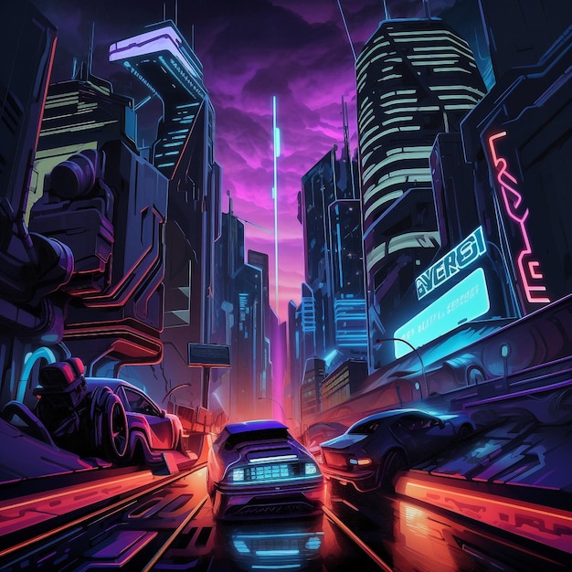 Noite generativa da cidade de neon cyberpunk futurista com panorama de arranha-céus e corridas de velocidade de carros