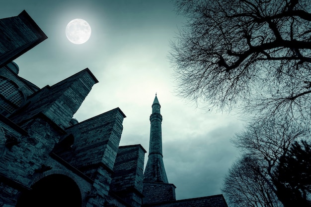 Noite mágica com a lua sobre o antigo minarete no palácio de topkapi em istambul, turquia, imagem colorida