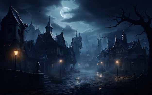 Noite misteriosa e assustadora de outono na IA generativa de Misty Village