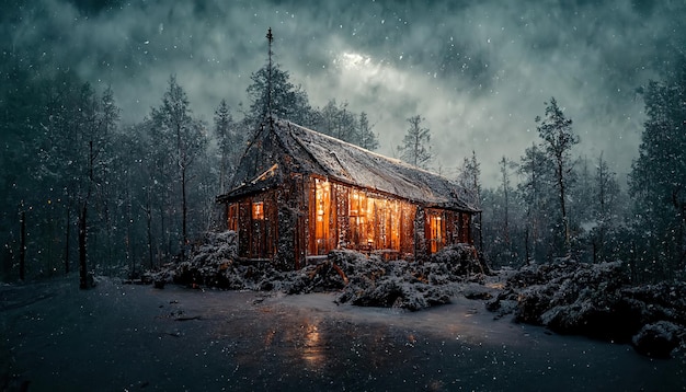 Noite na floresta de inverno uma casa com luz nas janelas Árvores nuas no escuro
