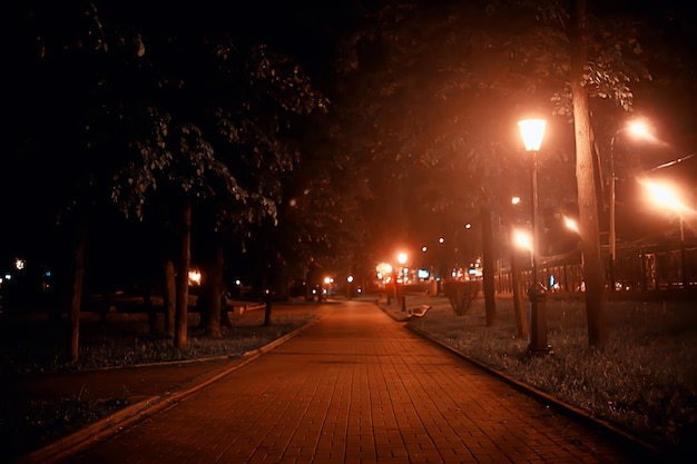 noite na paisagem do parque, vista abstrata do beco, árvores e luzes no outono fundo desfocado