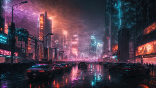 Noite na paisagem urbana futurista