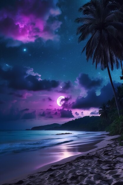 Noite na praia da selva natural com céu nublado violeta e lua