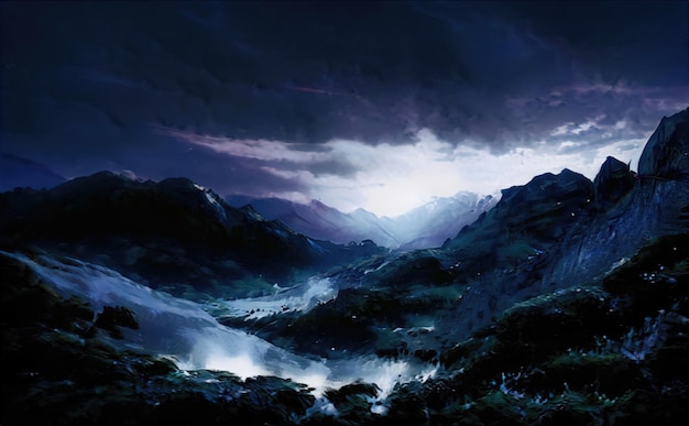Noite nas montanhas paisagem fabulosa dos picos das montanhas O luar ilumina as encostas das montanhas à noite Ilustração mágica da natureza