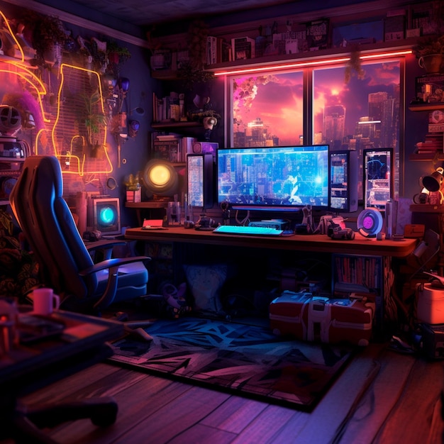 Noite ou noite de gamer de configuração hiper-realista com leds de cabo com faíscas de luz neon