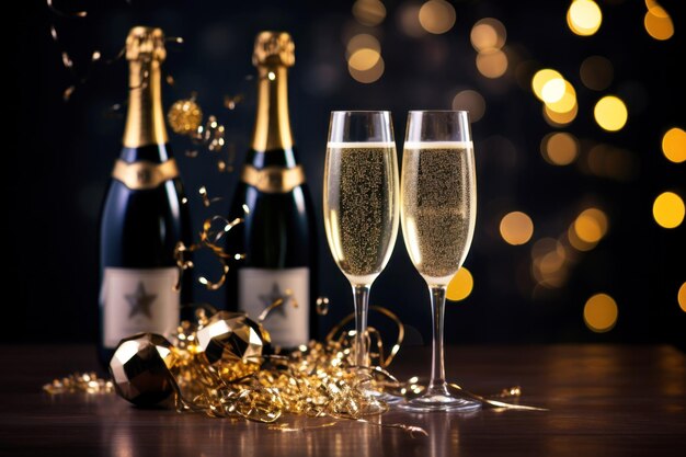 Foto noite romântica de férias com copos de vinho e fundo festivo para a celebração do natal