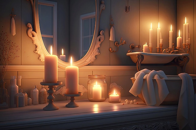 Noite romântica no banheiro com velas e luz suave criada com IA generativa